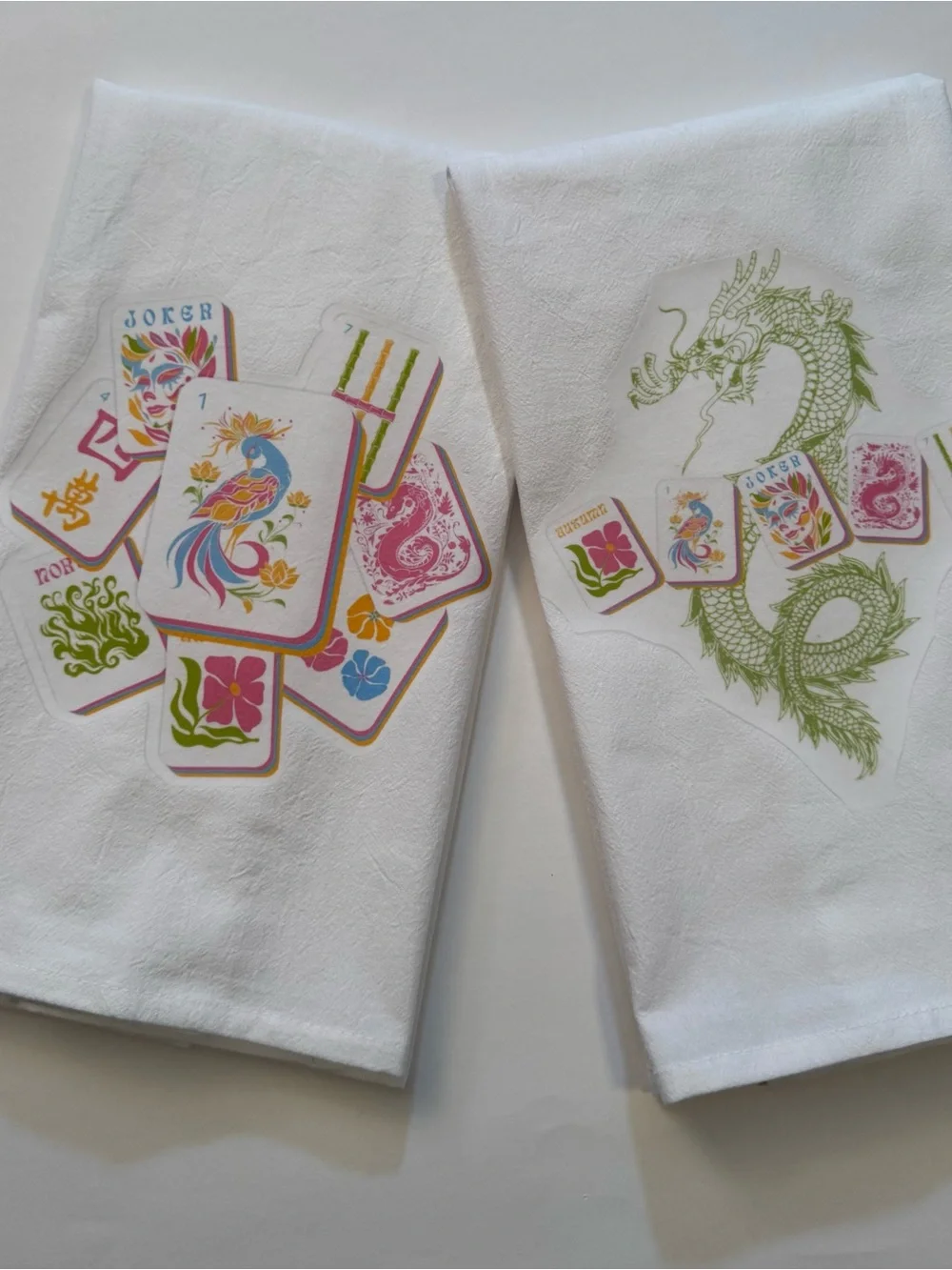 Mahjong White Tea Towels with Colorful Mahjong Tile and Green Dragon Prints